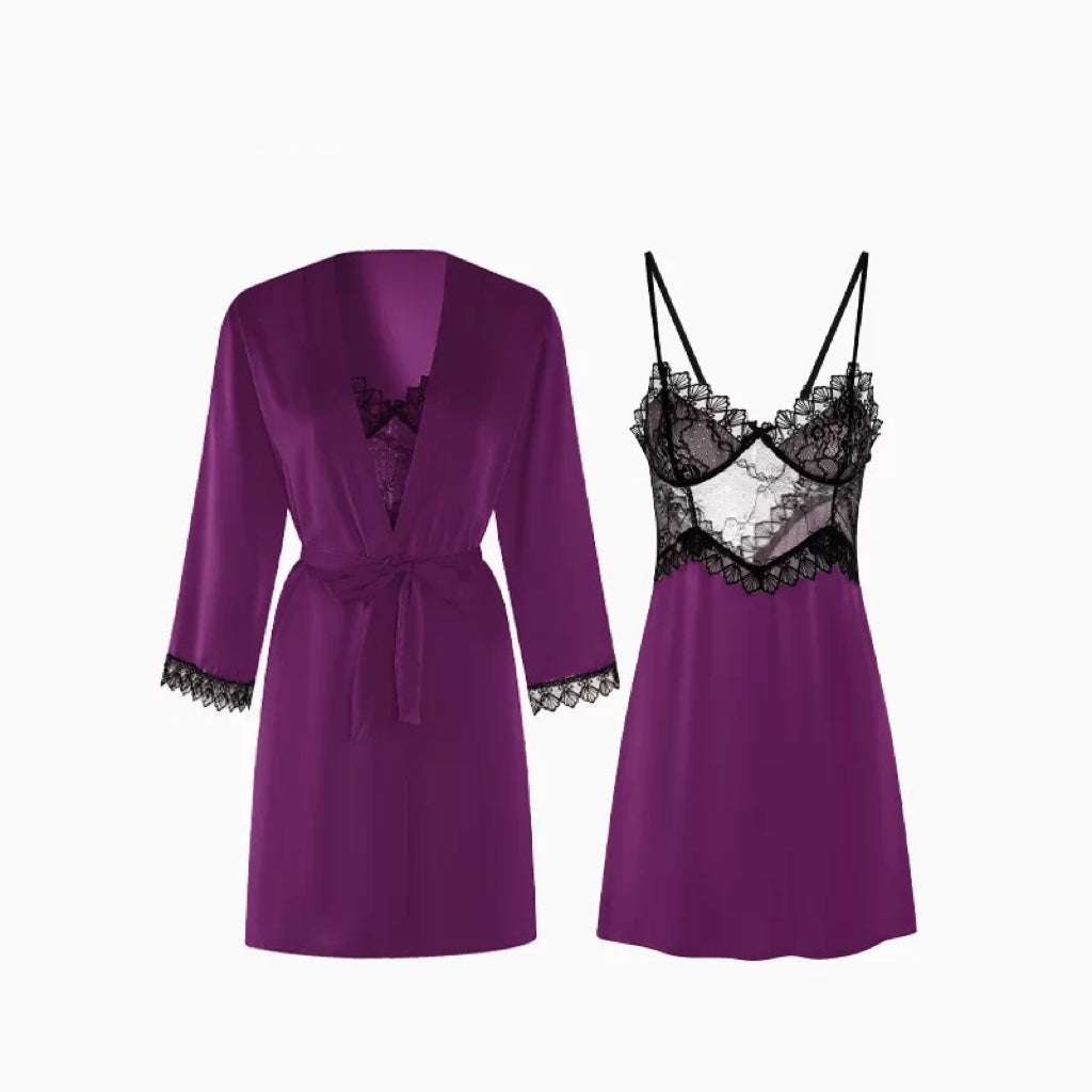 Deep Purple Silk Satin Robe & Nightgown Set